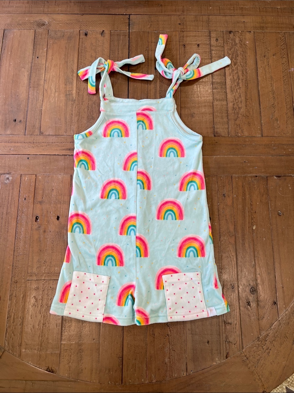 SweetHoney blue rainbow short romper girls 8 polka dot pockets tie straps